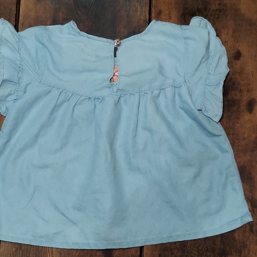 Little Girls Denim Chambray Floral Embroidered Ruffled Sleeve Summer Top - Picture 3 of 5